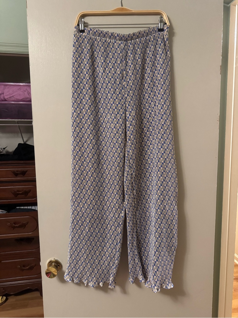 Lulu's Blue and Cream Wide-Leg Smocked Waist Pants